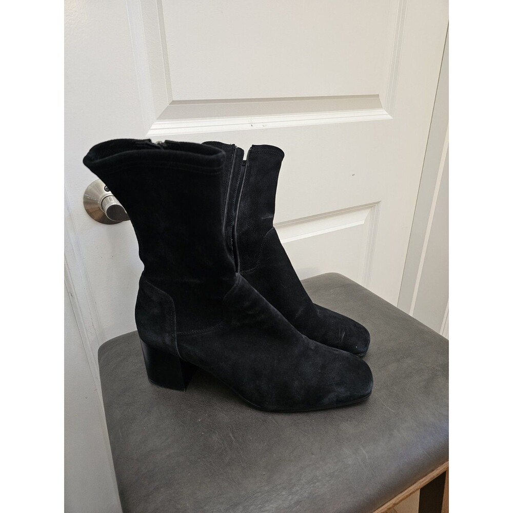 Aquatalia Women's Black Suede Block Heel Zip Ankle Boots Size 11 Made In Italy